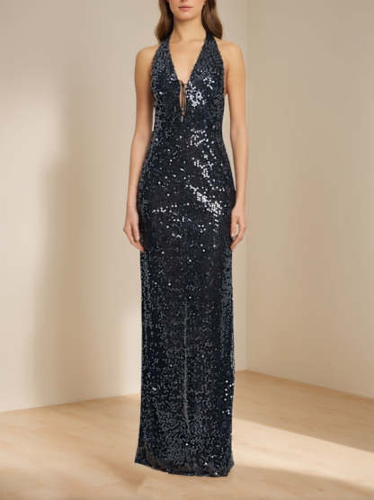 Backless Floor-Length Prom Dress with Self-Tie and Sequins Sleeveless Sheath/Column Style