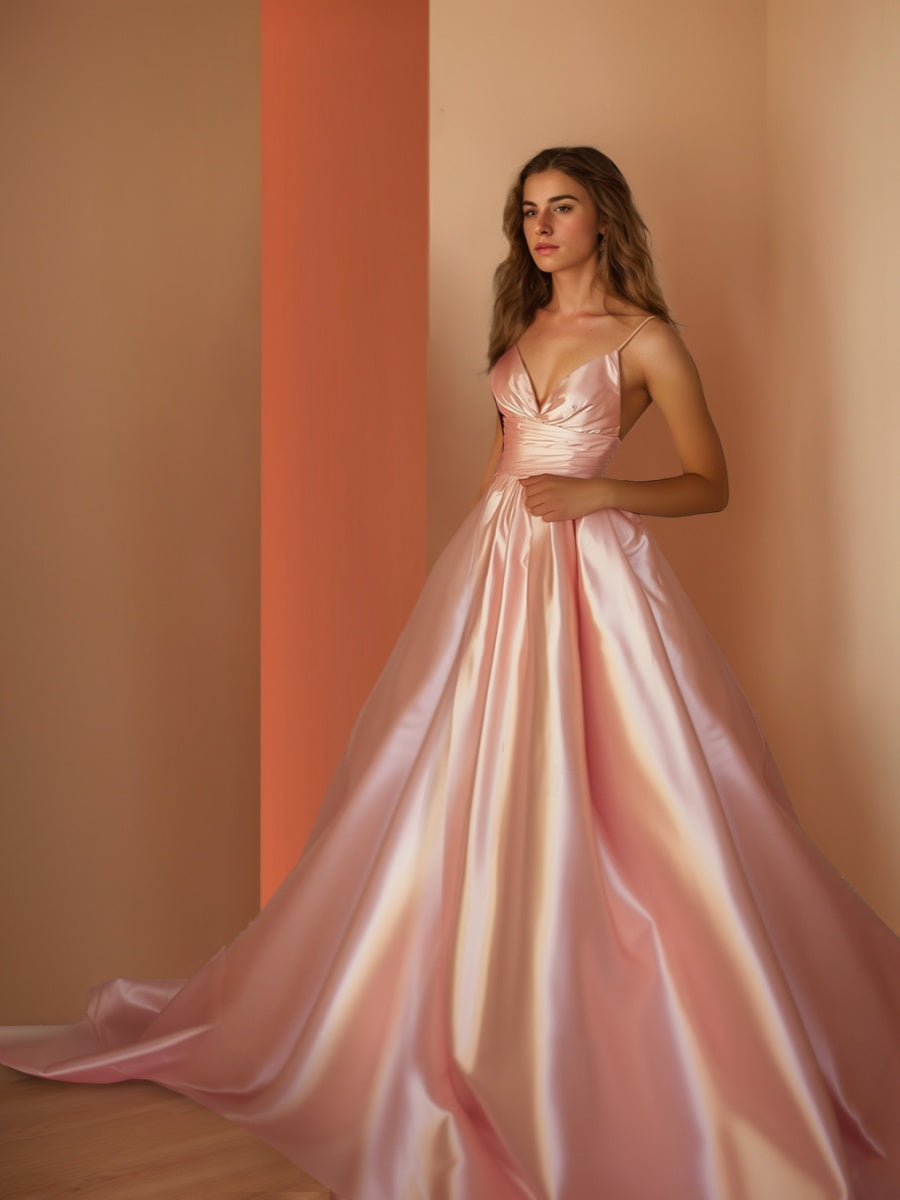 Spaghetti Strap V-Neck A-Line Princess Floor-Length Ruched Prom Gown
