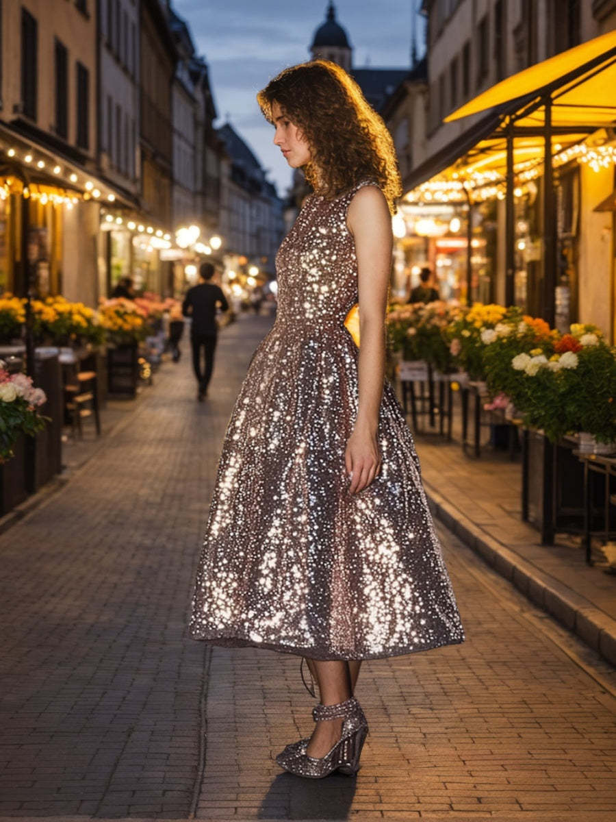 Sleeveless A-Line Princess Scoop Prom Dress with Sequins in Tea-Length