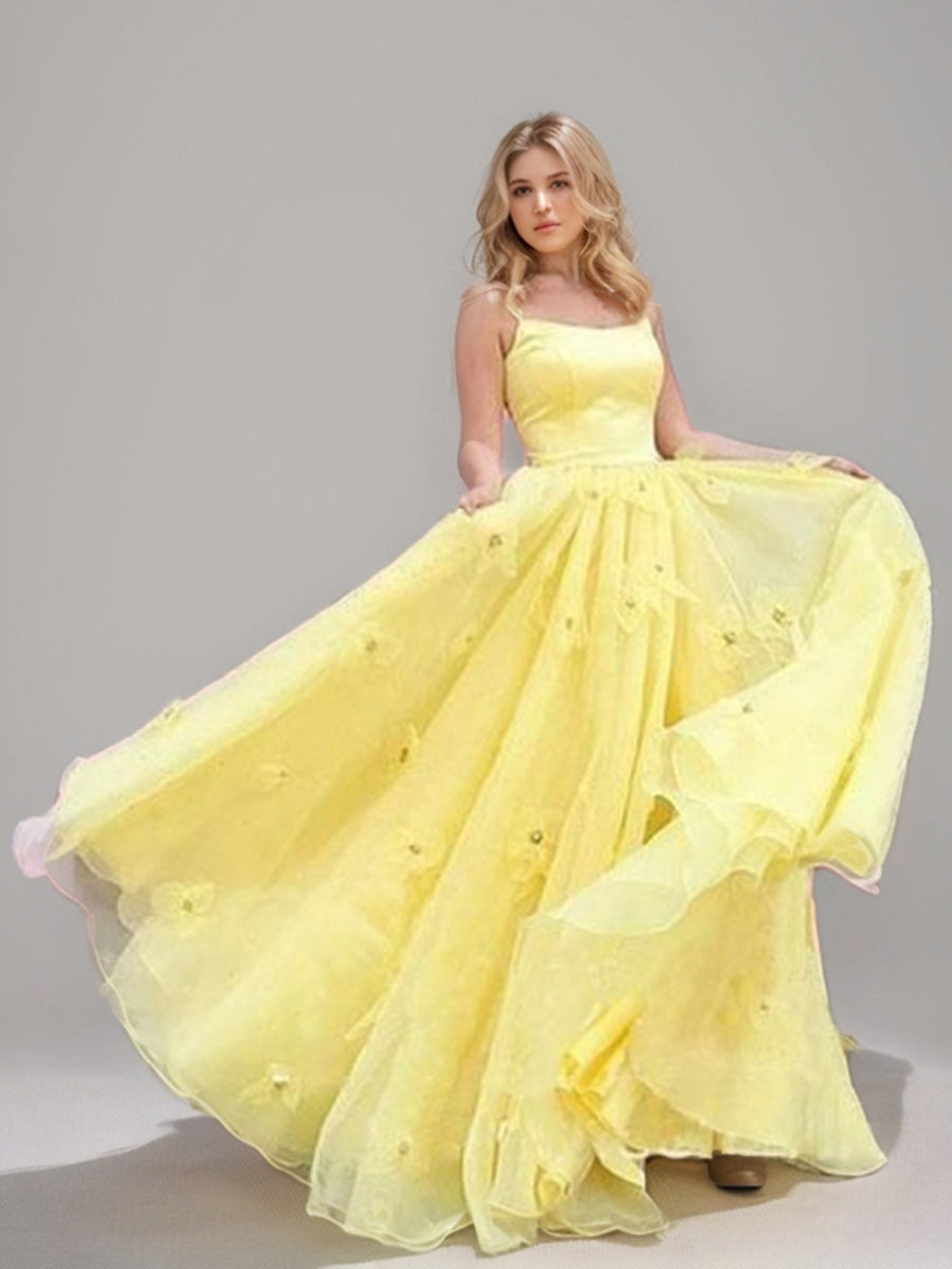 Princess A-Line Spaghetti Straps Floor-Length Prom Dress with 3D Flowers and Lace-Up Back