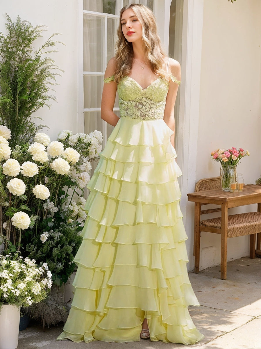 Romantic Off-the-Shoulder A-Line Prom Dresses with Ruffles Side Slit and Appliques