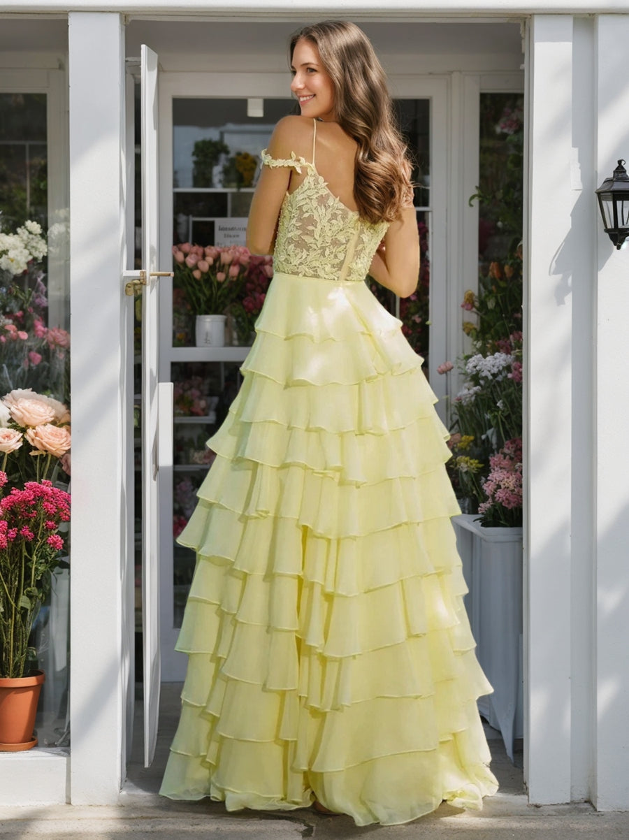Romantic Off-the-Shoulder A-Line Prom Dresses with Ruffles Side Slit and Appliques