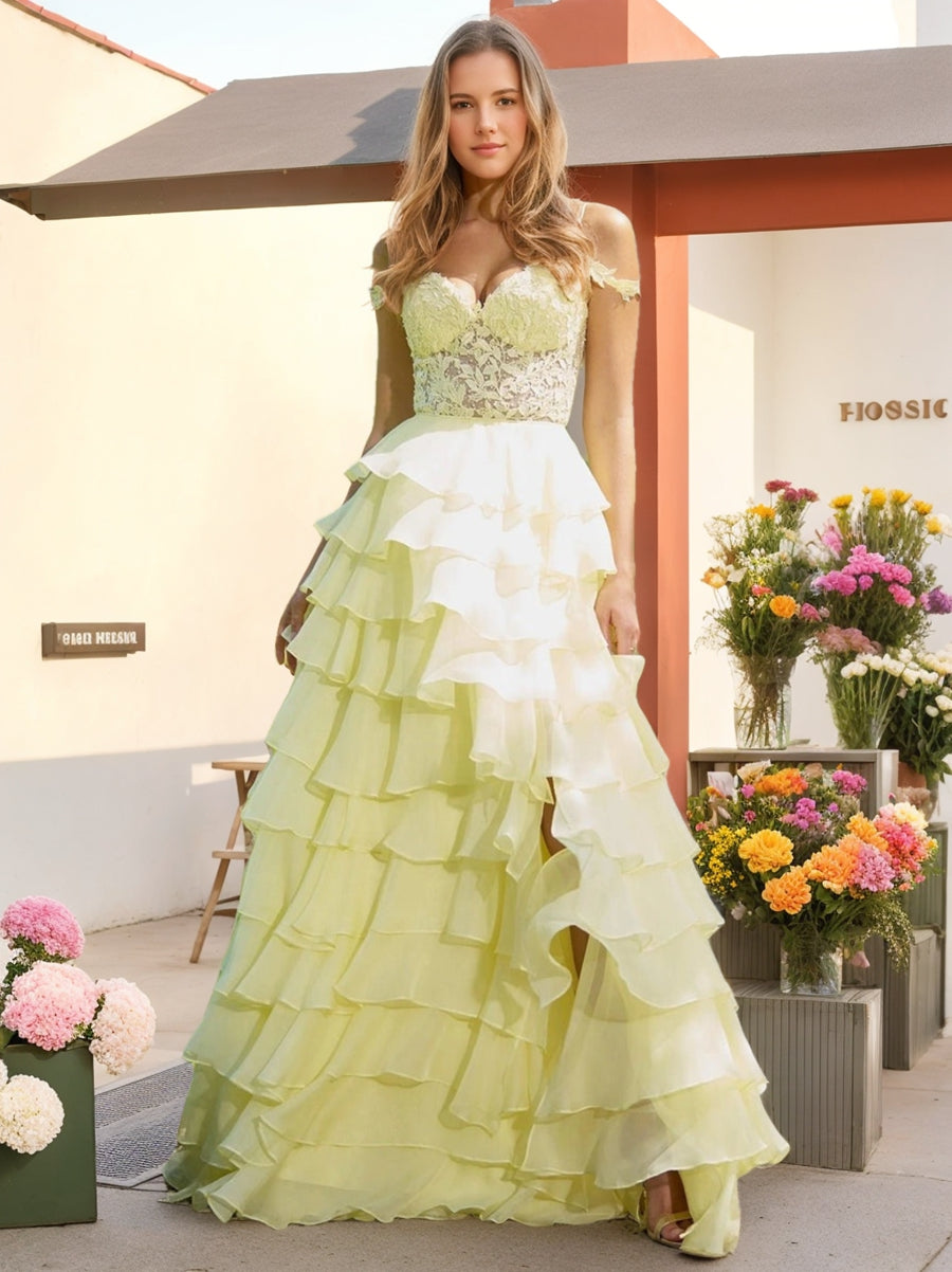 Romantic Off-the-Shoulder A-Line Prom Dresses with Ruffles Side Slit and Appliques