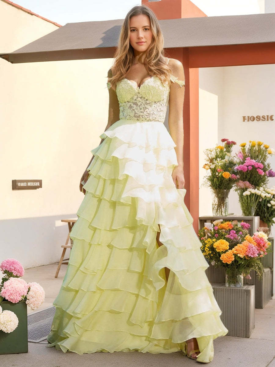 Romantic Off-the-Shoulder A-Line Prom Dresses with Ruffles Side Slit and Appliques