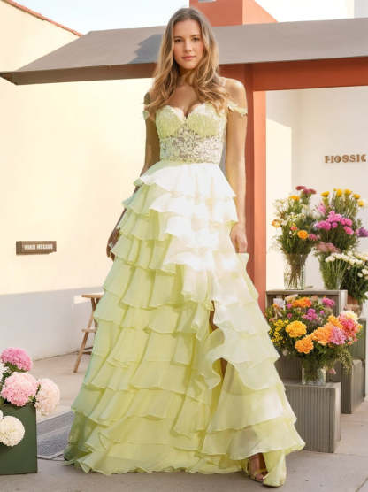 Romantic Off-the-Shoulder A-Line Prom Dresses with Ruffles Side Slit and Appliques