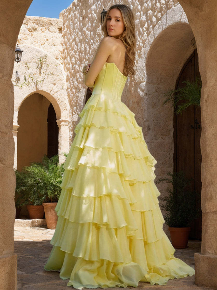 Strapless Princess A-Line Prom Dress with Ruched Backless Design Ruffles High Split and Embroidery