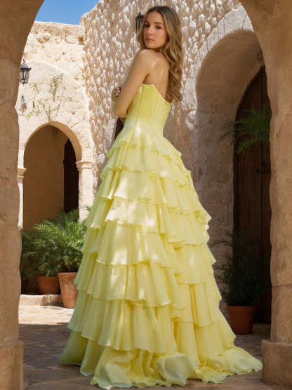 Strapless Princess A-Line Prom Dress with Ruched Backless Design Ruffles High Split and Embroidery