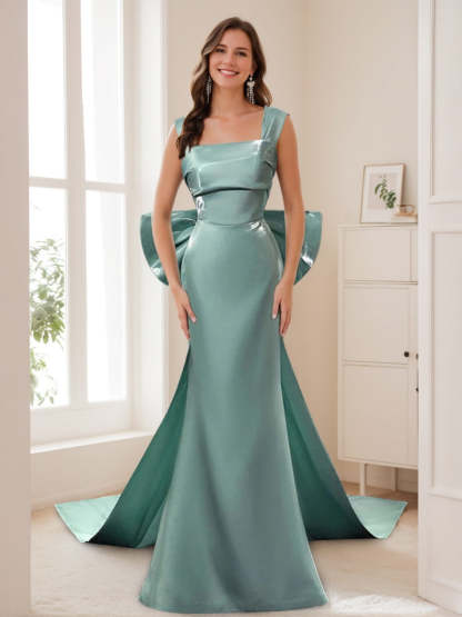 Square Neck Floor-Length Prom Dress with Bowknot and Watteau Train