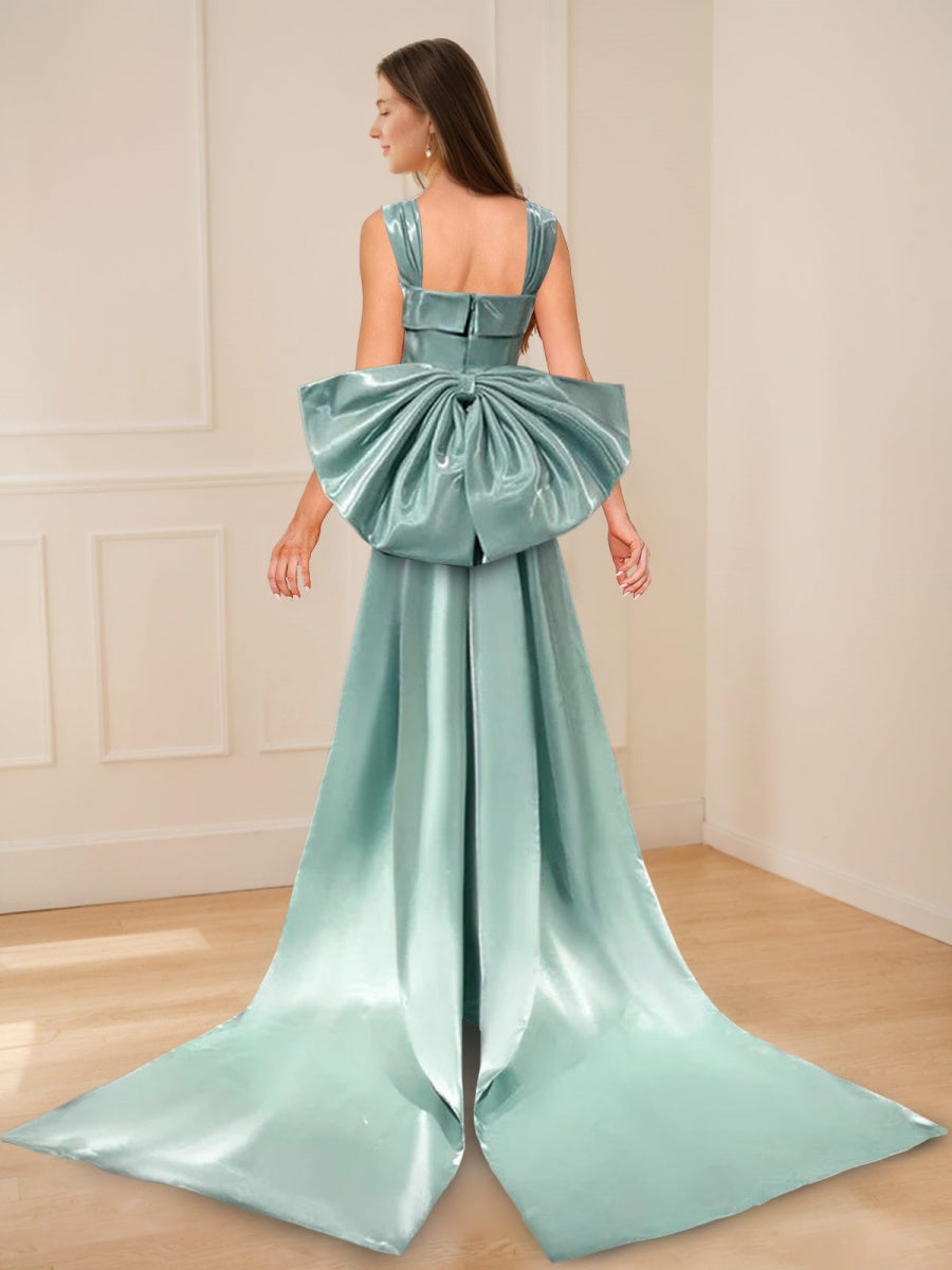 Square Neck Floor-Length Prom Dress with Bowknot and Watteau Train