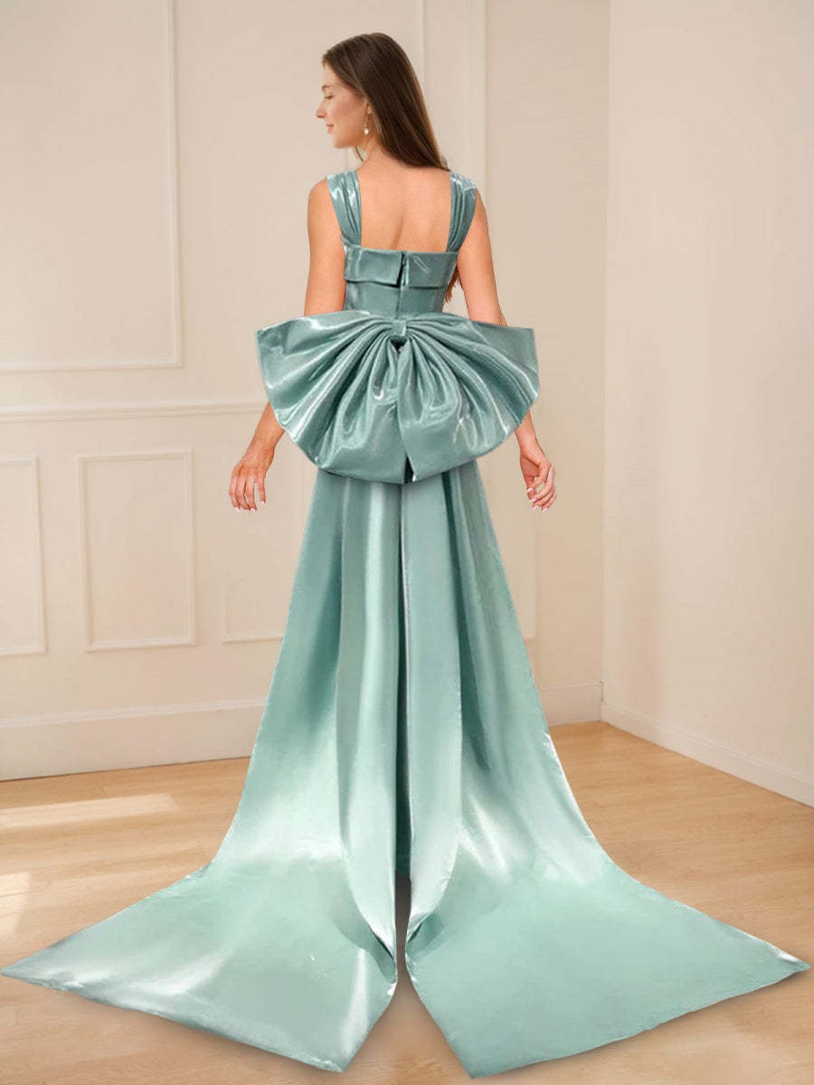 Square Neck Floor-Length Prom Dress with Bowknot and Watteau Train
