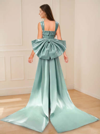 Square Neck Floor-Length Prom Dress with Bowknot and Watteau Train