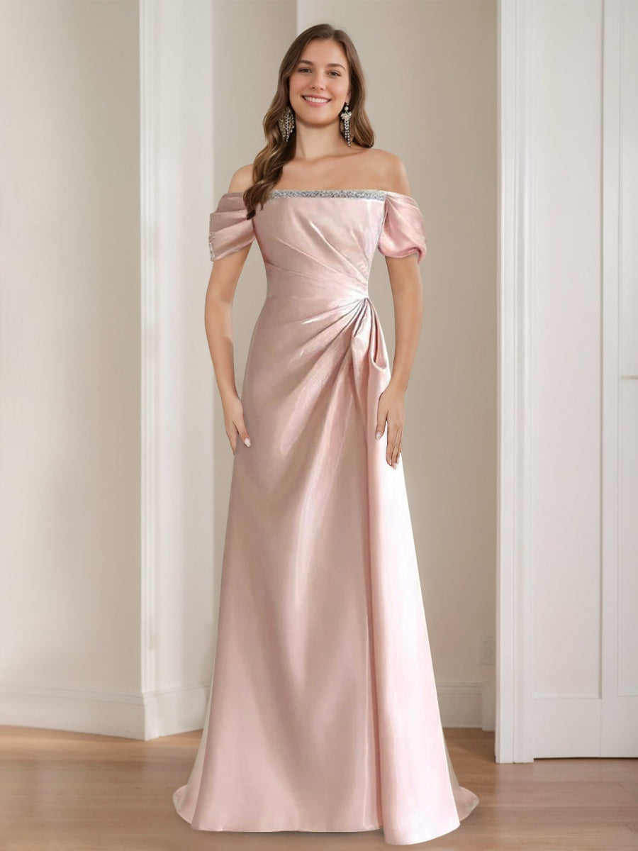 Elegant Off-the-Shoulder A-Line Prom Dress with Ruched Details Beadings & Lace-Up