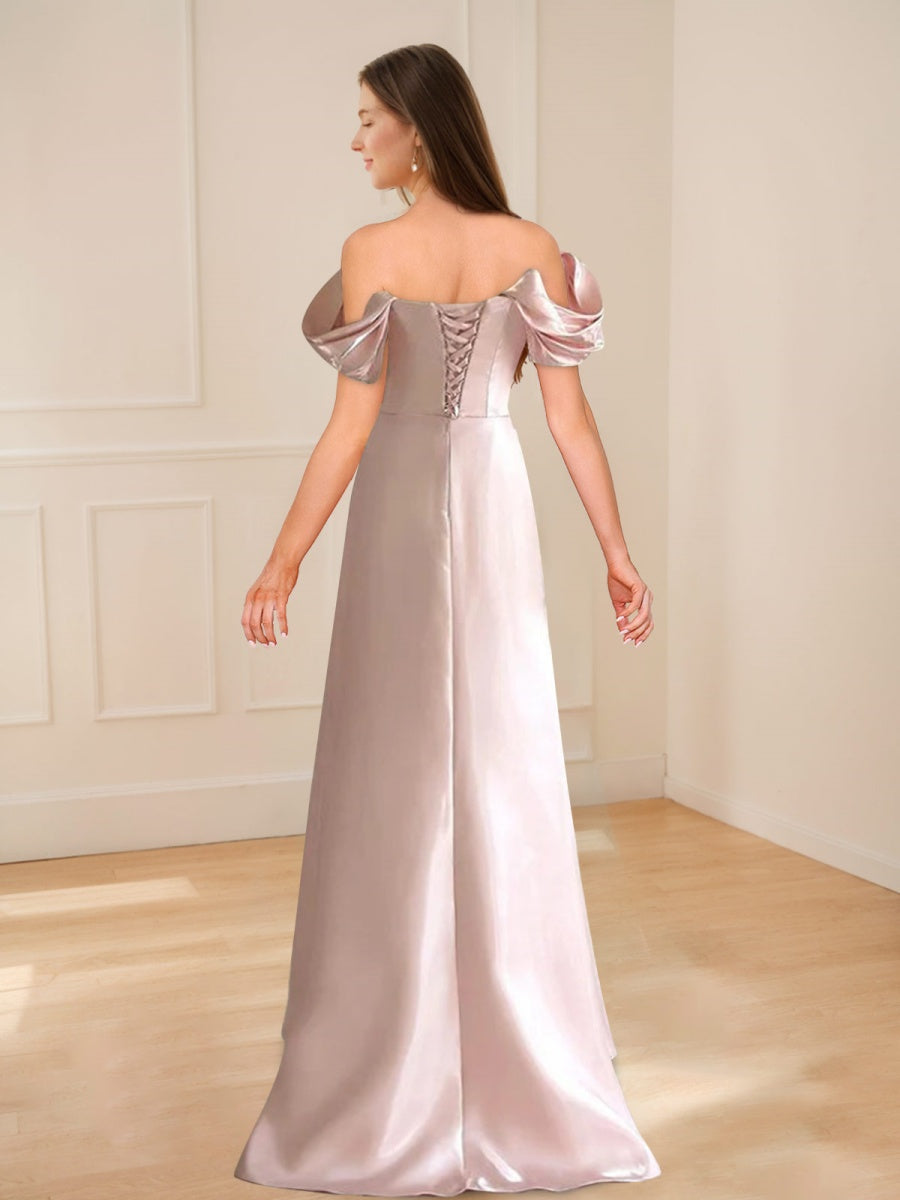 Elegant Off-the-Shoulder A-Line Prom Dress with Ruched Details Beadings & Lace-Up