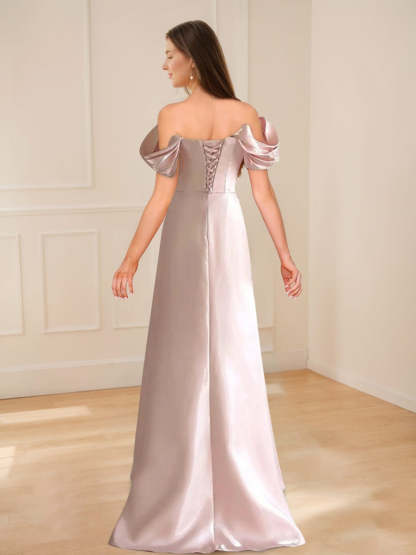 Elegant Off-the-Shoulder A-Line Prom Dress with Ruched Details Beadings & Lace-Up