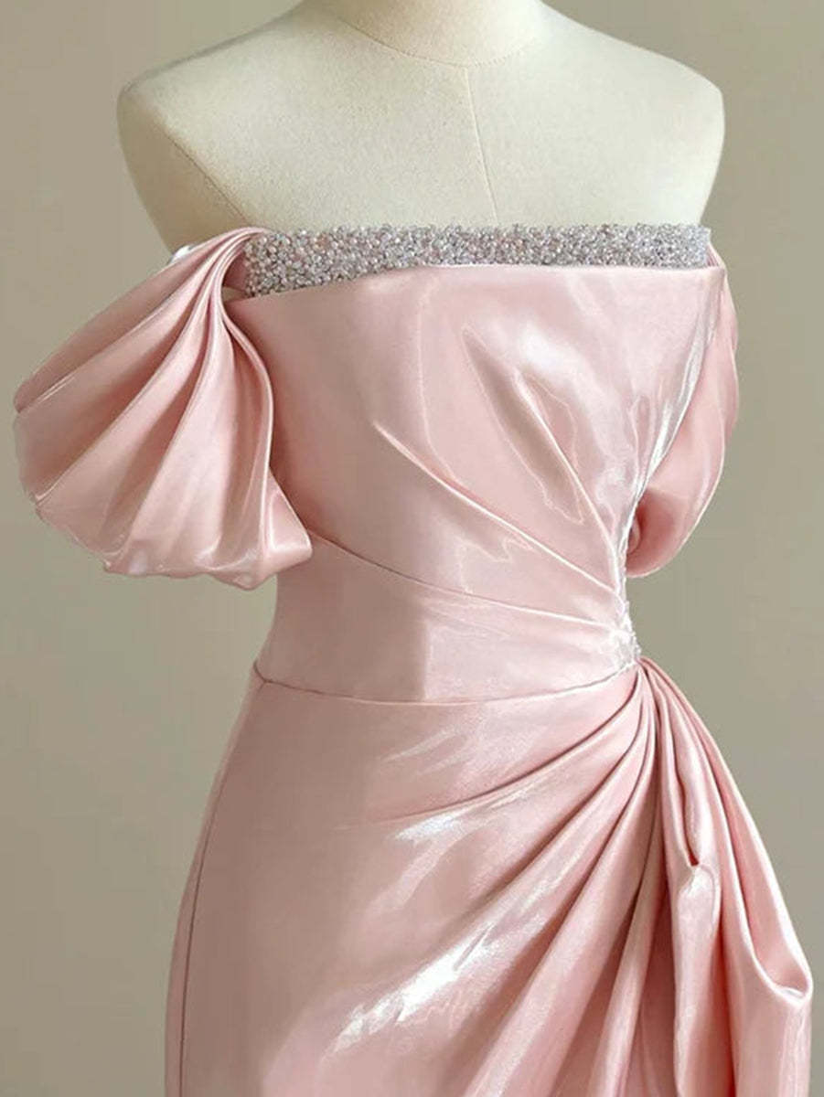 Elegant Off-the-Shoulder A-Line Prom Dress with Ruched Details Beadings & Lace-Up