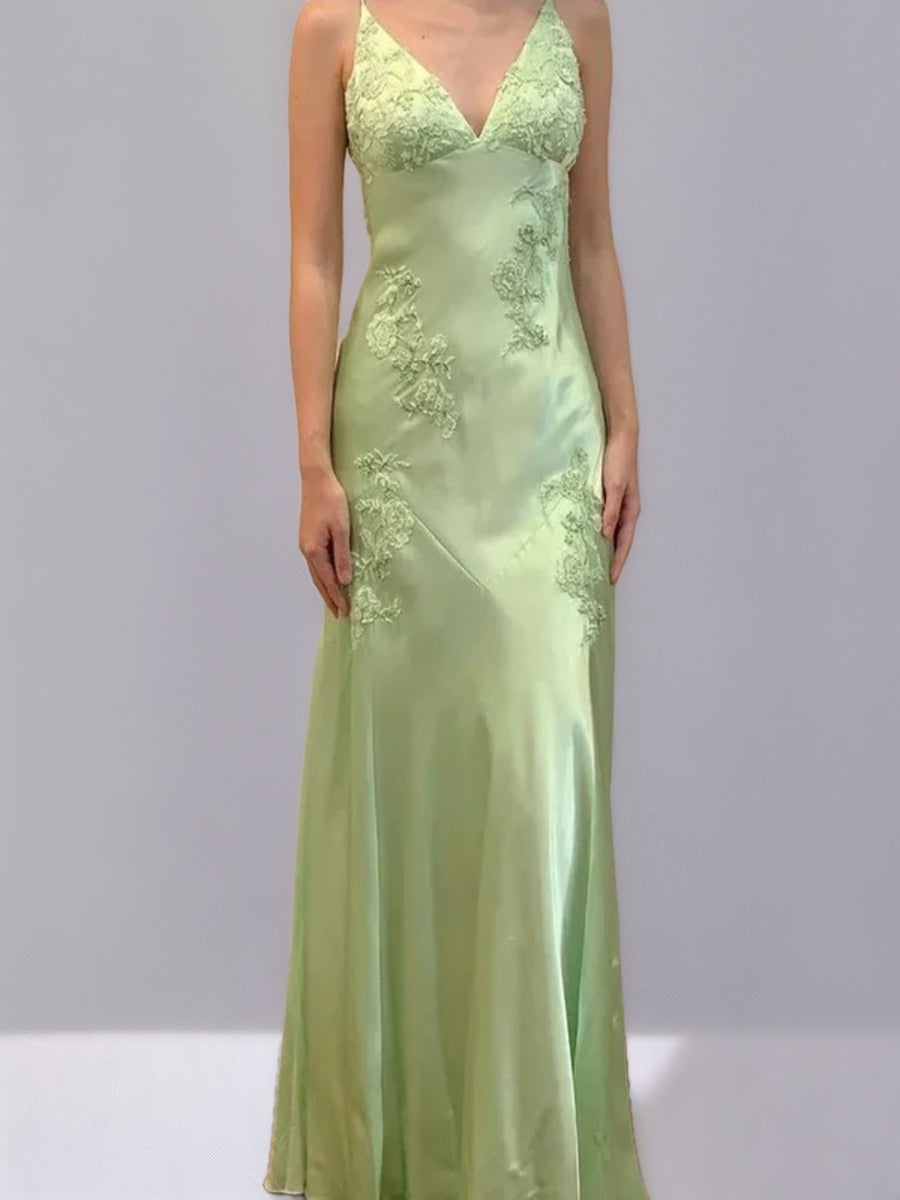Backless Spaghetti Strap Prom Dress with Appliques and Self-Tie