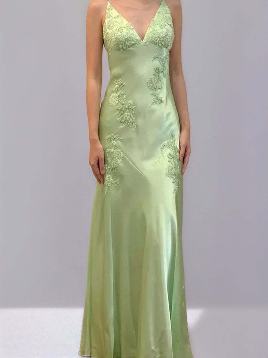 Backless Spaghetti Strap Prom Dress with Appliques and Self-Tie