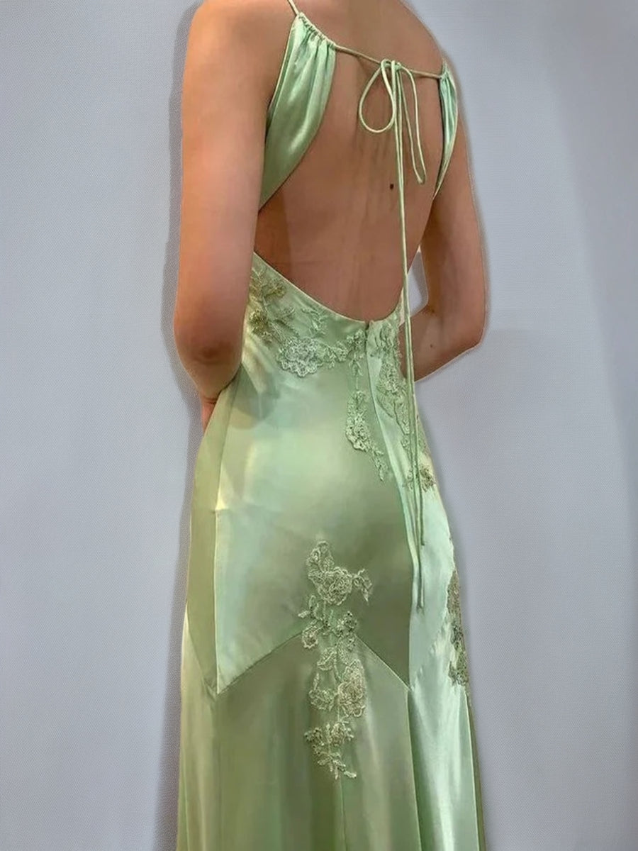 Backless Spaghetti Strap Prom Dress with Appliques and Self-Tie