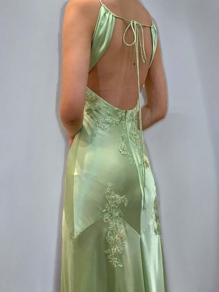 Backless Spaghetti Strap Prom Dress with Appliques and Self-Tie