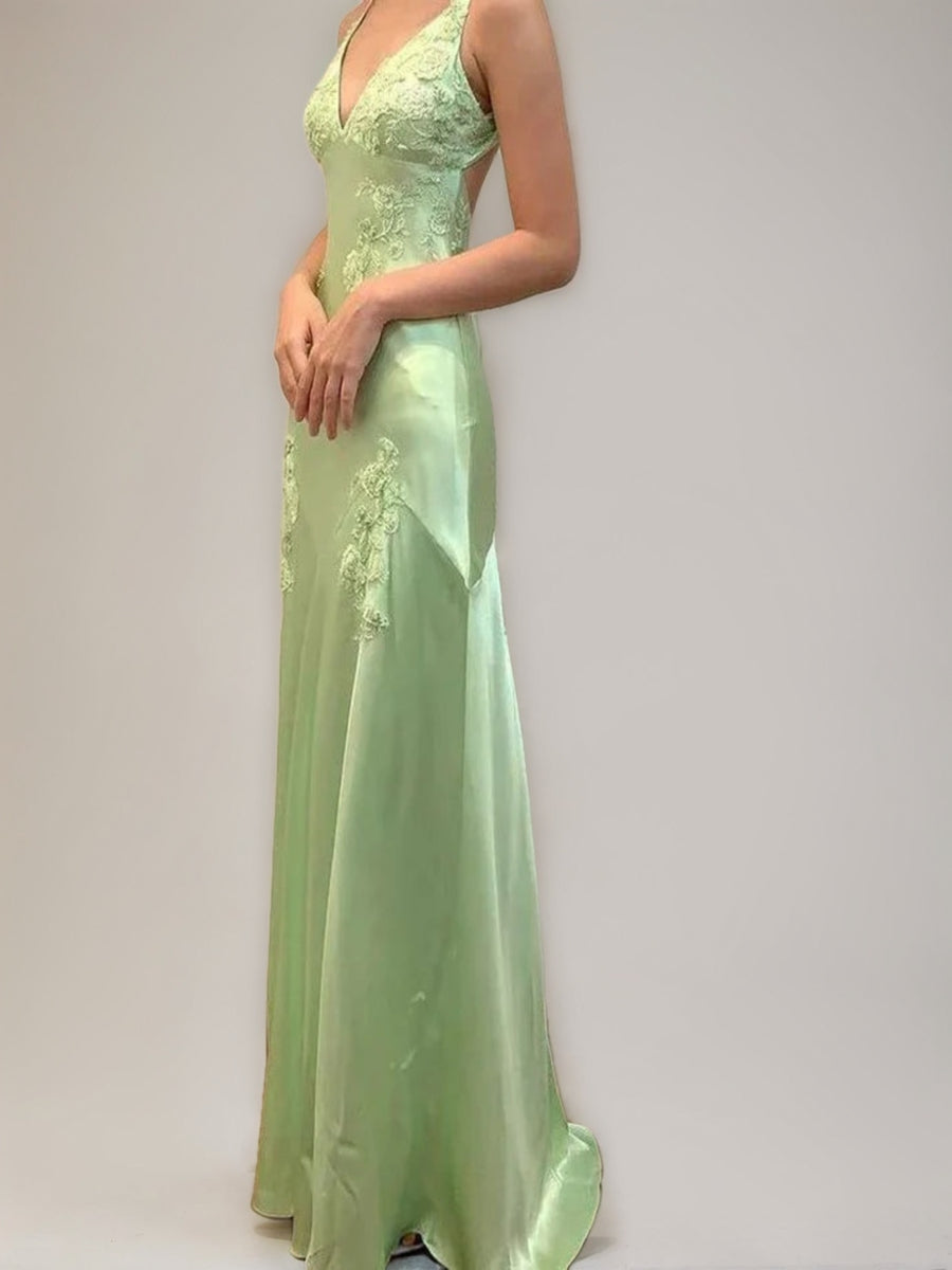 Backless Spaghetti Strap Prom Dress with Appliques and Self-Tie