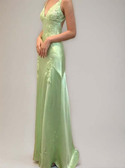 Backless Spaghetti Strap Prom Dress with Appliques and Self-Tie