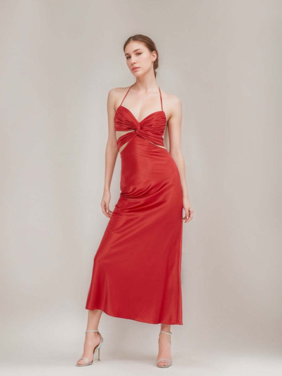 Elegant Halter Ankle-Length Prom Dress with Self-Tie Ribbon and Hollow Column Sheath