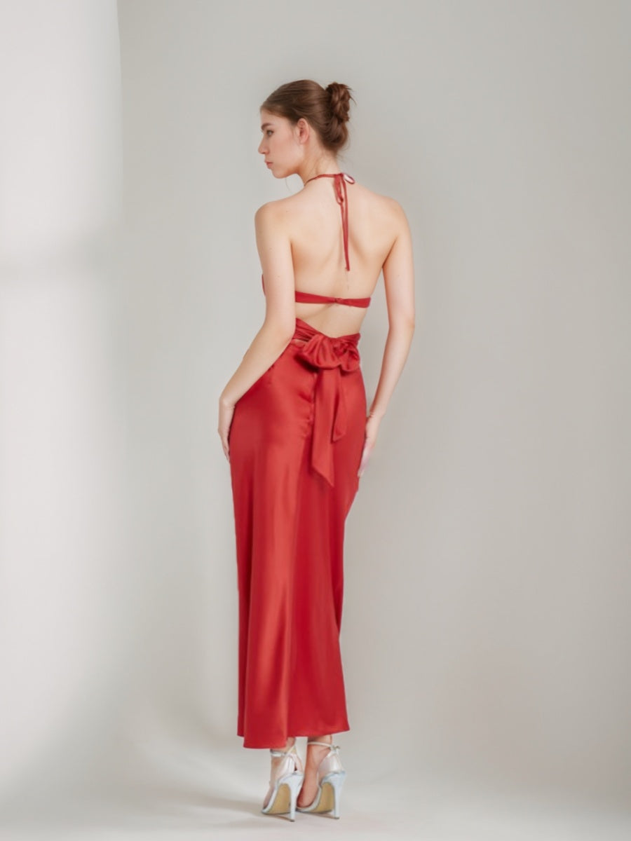 Elegant Halter Ankle-Length Prom Dress with Self-Tie Ribbon and Hollow Column Sheath