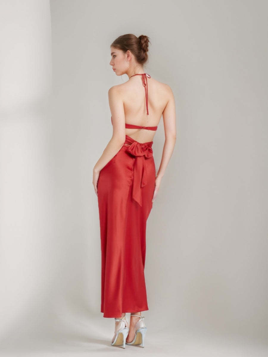 Elegant Halter Ankle-Length Prom Dress with Self-Tie Ribbon and Hollow Column Sheath