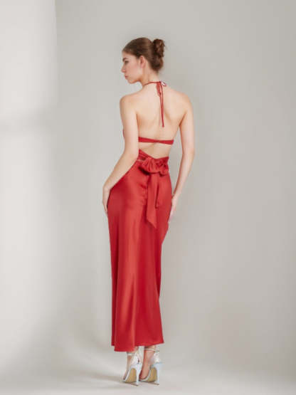 Elegant Halter Ankle-Length Prom Dress with Self-Tie Ribbon and Hollow Column Sheath