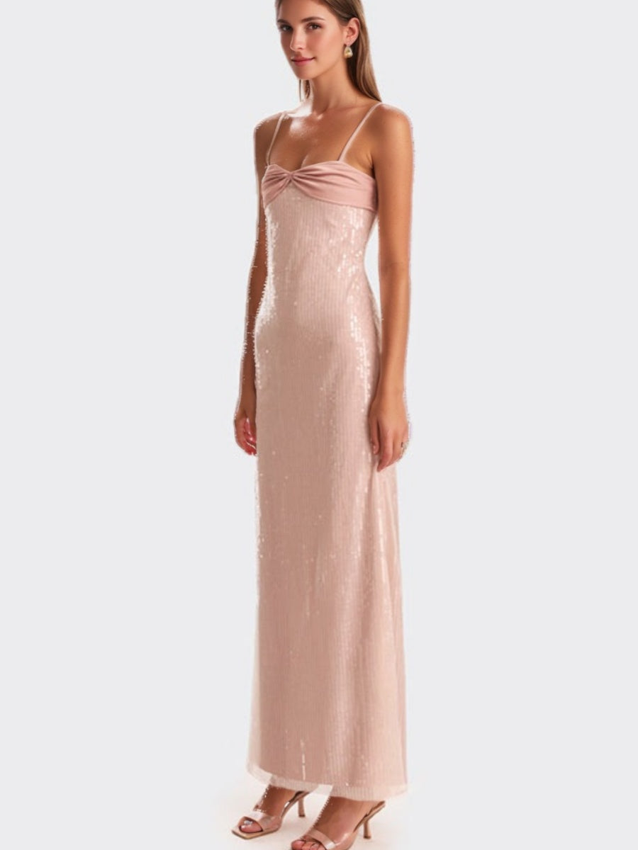 Backless Ankle-Length Prom Dresses with Spaghetti Straps and Sequins Ruched Sheath/Column Design