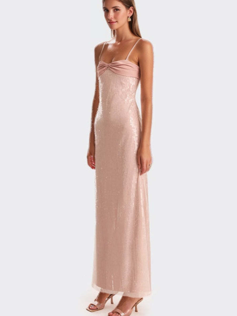 Backless Ankle-Length Prom Dresses with Spaghetti Straps and Sequins Ruched Sheath/Column Design