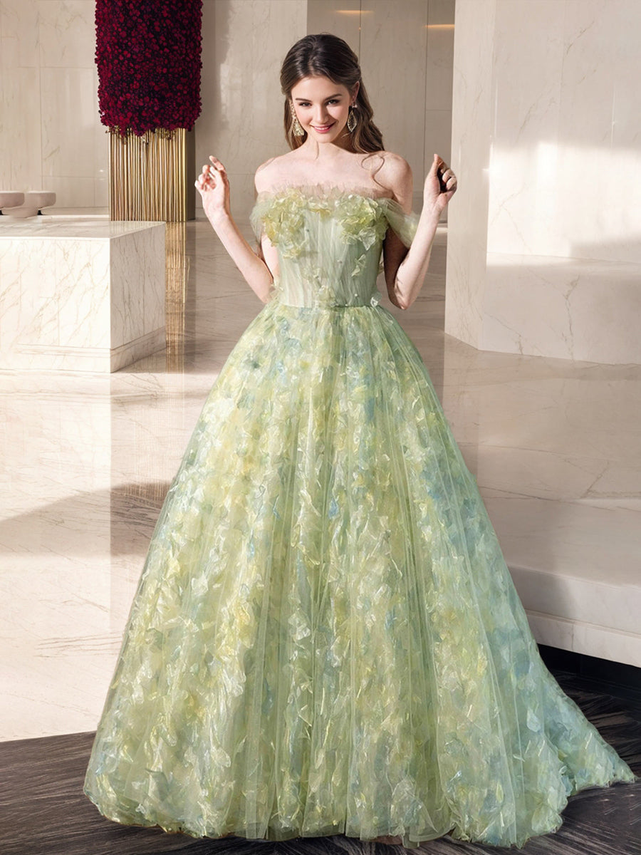Elegant Off-the-Shoulder Sleeveless Prom Ball Gown with Ruffles & Embroidery