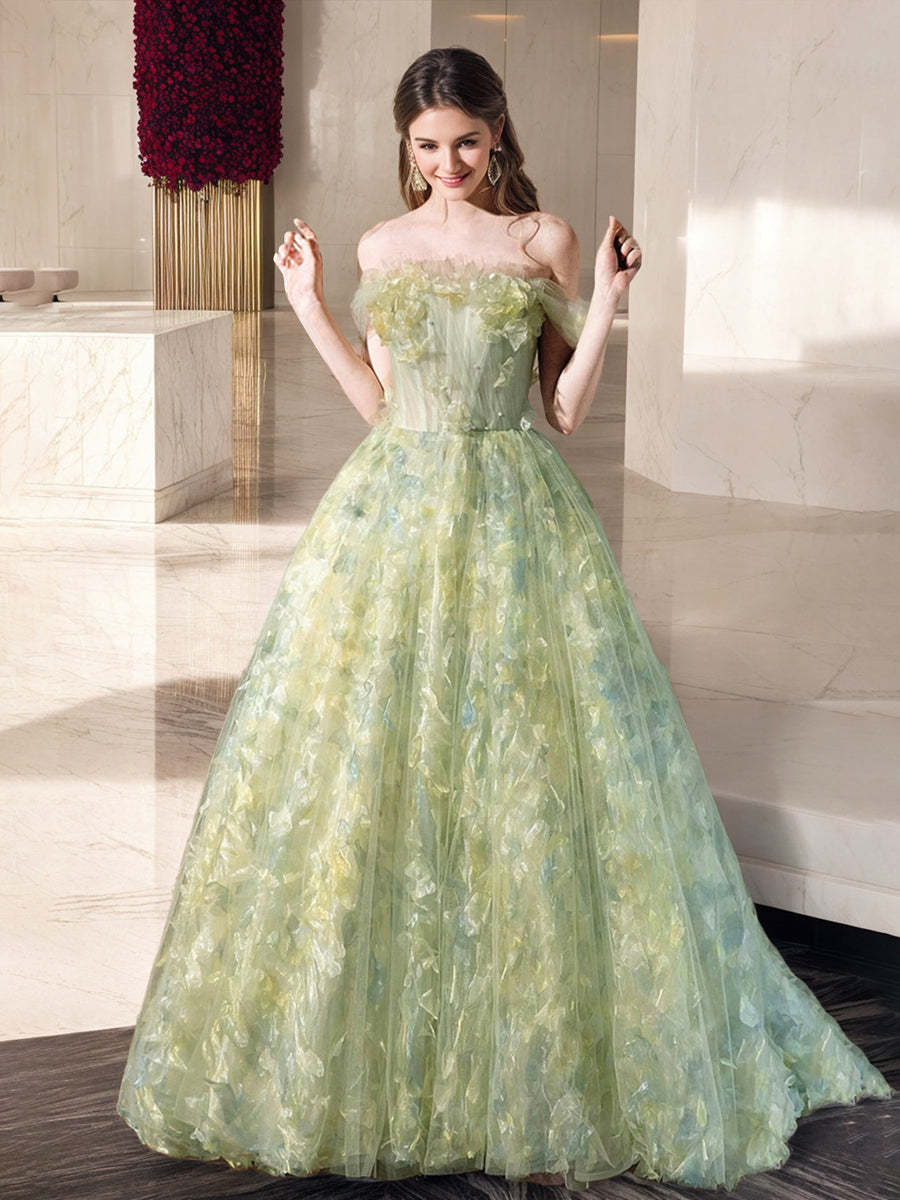 Elegant Off-the-Shoulder Sleeveless Prom Ball Gown with Ruffles & Embroidery