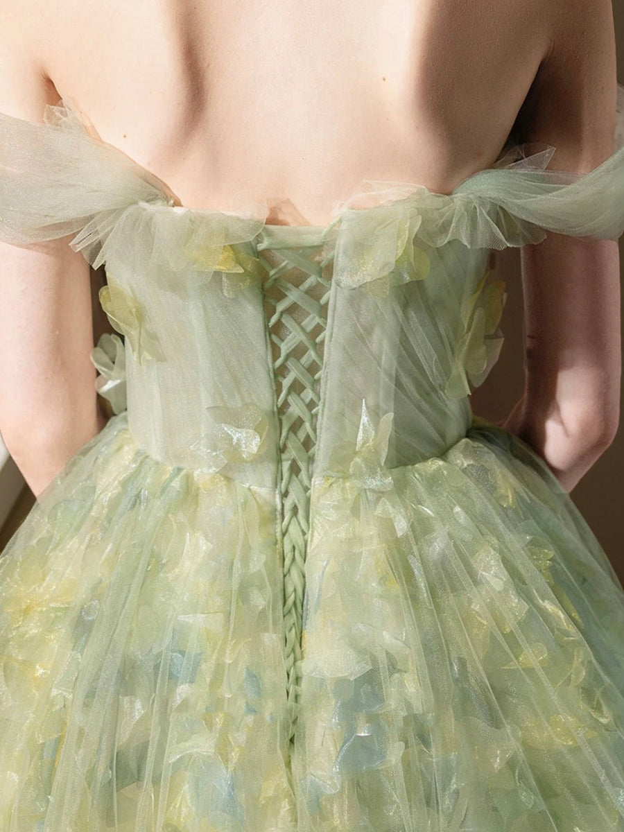 Elegant Off-the-Shoulder Sleeveless Prom Ball Gown with Ruffles & Embroidery