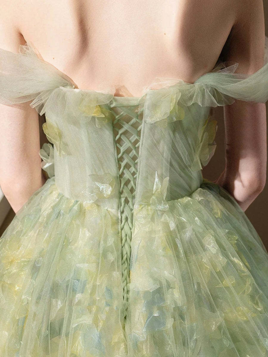 Elegant Off-the-Shoulder Sleeveless Prom Ball Gown with Ruffles & Embroidery