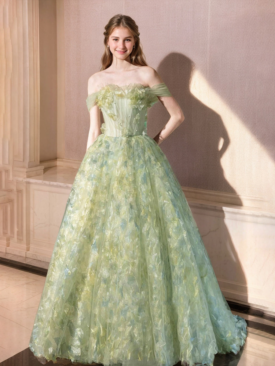 Elegant Off-the-Shoulder Sleeveless Prom Ball Gown with Ruffles & Embroidery