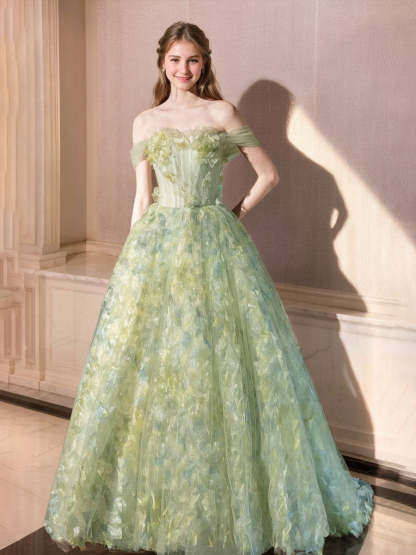 Elegant Off-the-Shoulder Sleeveless Prom Ball Gown with Ruffles & Embroidery