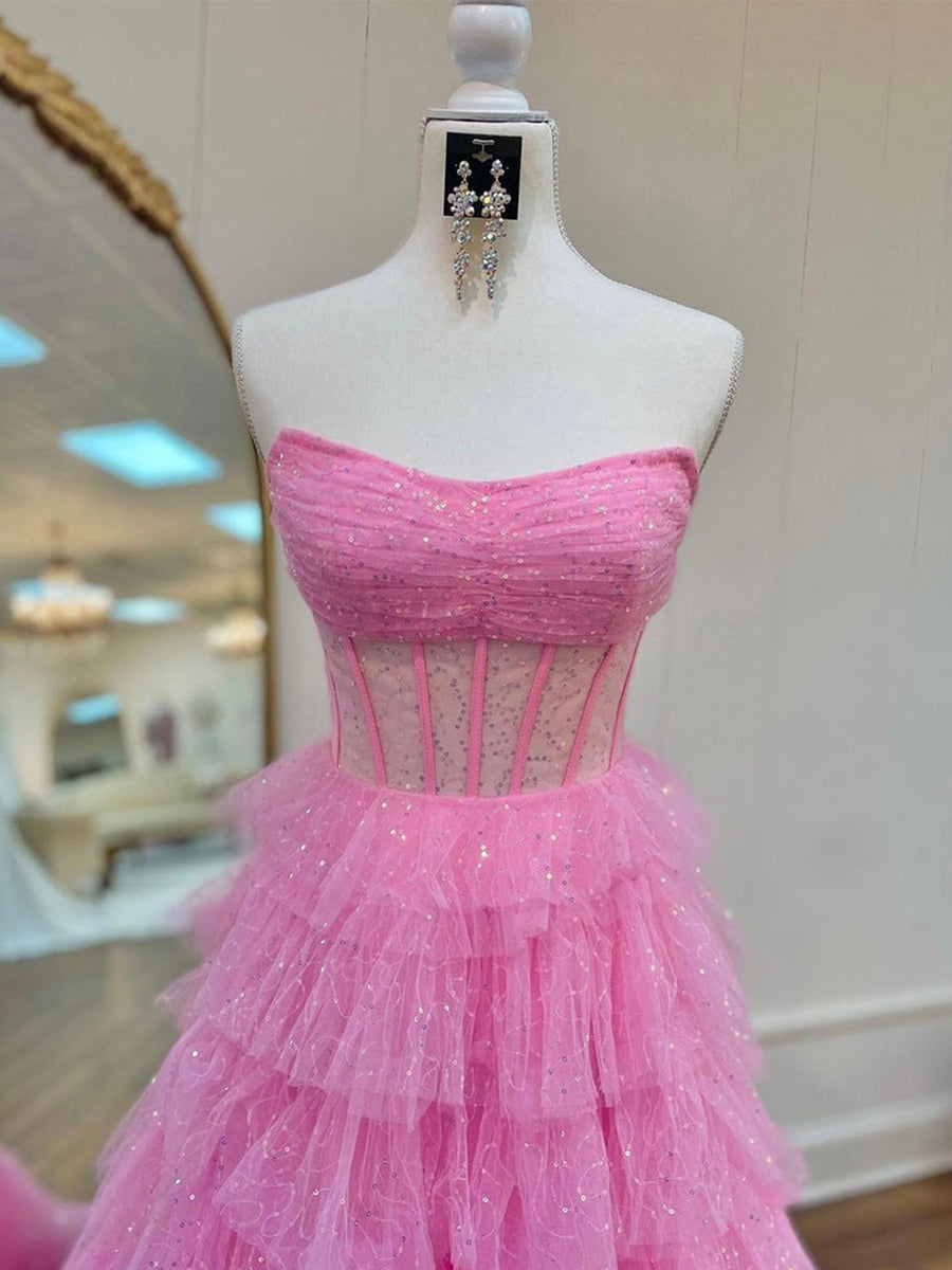 Strapless Sleeveless A-Line/Princess Prom Dresses in Tulle with Pleats Ruffles & Sequins
