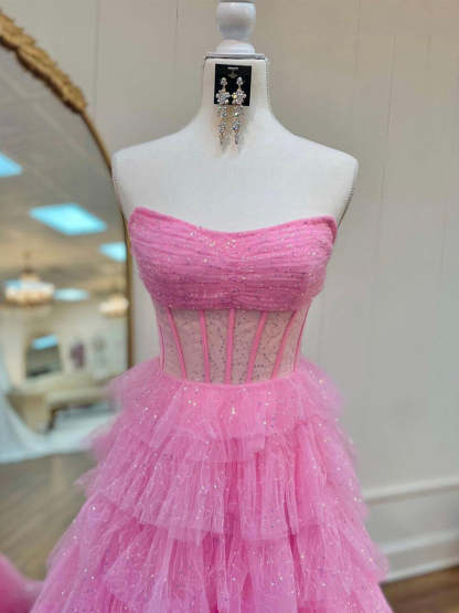 Strapless Sleeveless A-Line/Princess Prom Dresses in Tulle with Pleats Ruffles & Sequins