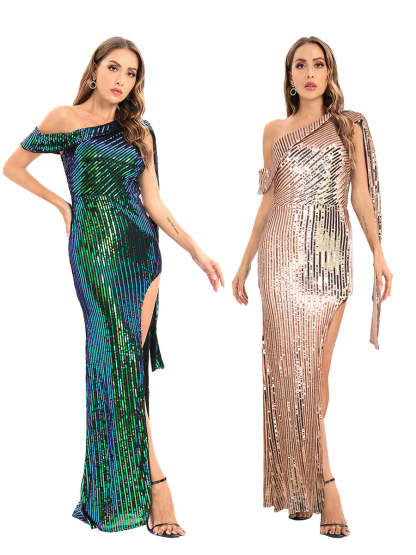 One-Shoulder Sleeveless Sheath Prom Dress with Sequins and High Slit