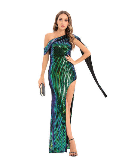 One-Shoulder Sleeveless Sheath Prom Dress with Sequins and High Slit