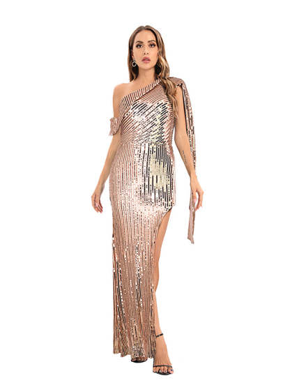 One-Shoulder Sleeveless Sheath Prom Dress with Sequins and High Slit