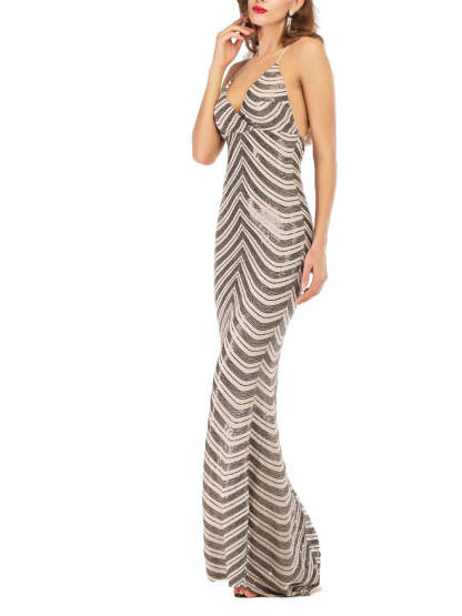 Retro Prom Dresses with Spaghetti Straps Floor-Length Sheath/Column Design Stripe & Opened Back