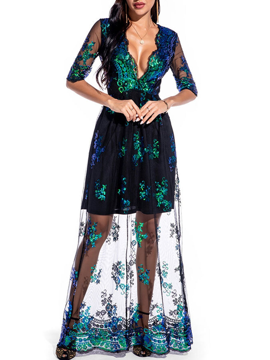 V-Neck A-Line Prom Dress with Lace Appliques and Half Sleeves