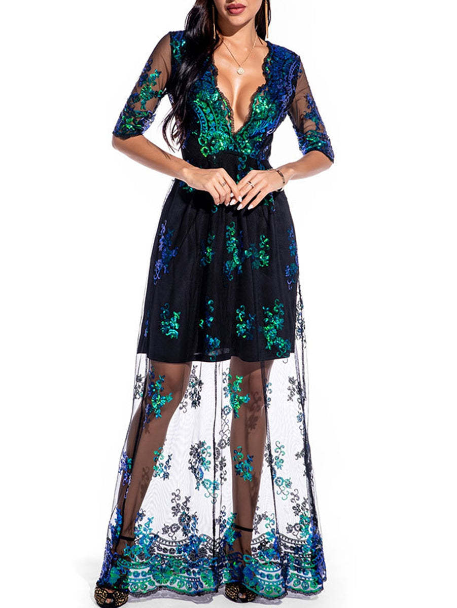 V-Neck A-Line Prom Dress with Lace Appliques and Half Sleeves