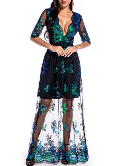 V-Neck A-Line Prom Dress with Lace Appliques and Half Sleeves