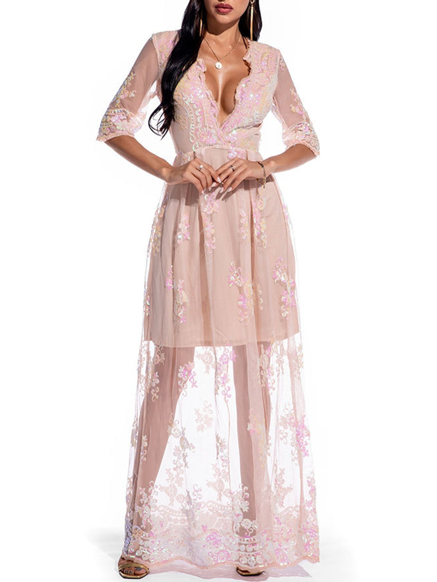 V-Neck A-Line Prom Dress with Lace Appliques and Half Sleeves