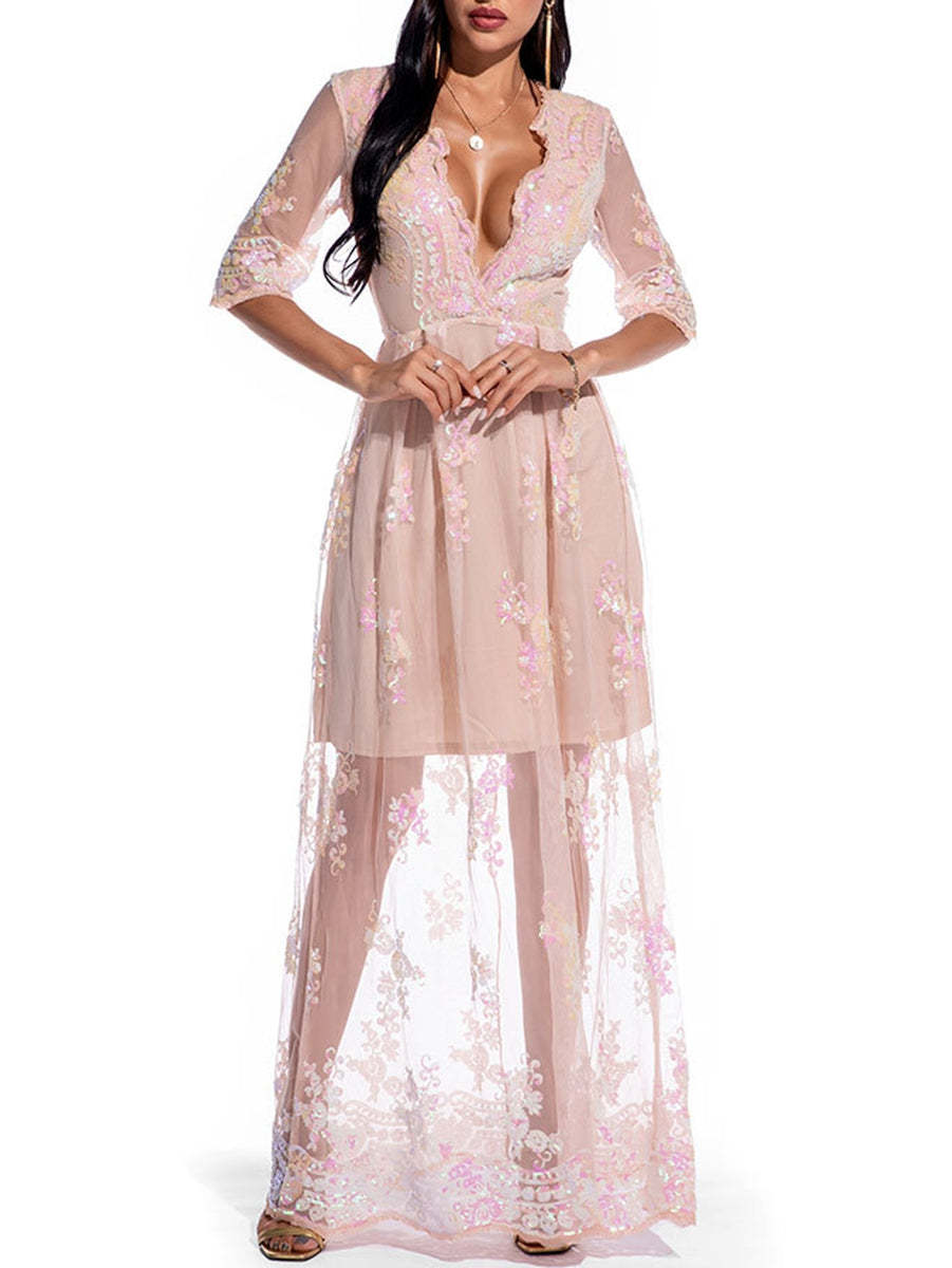 V-Neck A-Line Prom Dress with Lace Appliques and Half Sleeves