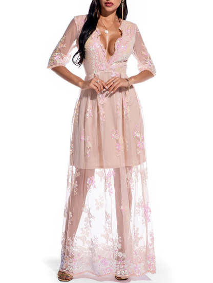 V-Neck A-Line Prom Dress with Lace Appliques and Half Sleeves