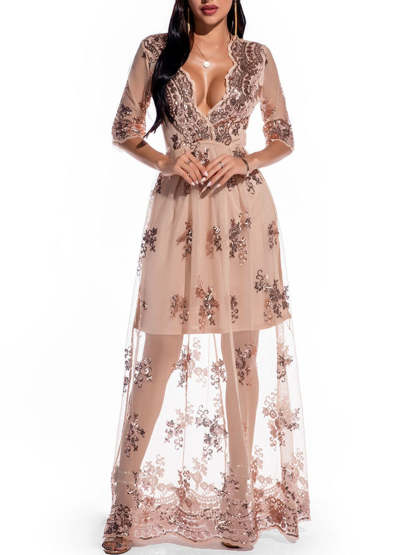 V-Neck A-Line Prom Dress with Lace Appliques and Half Sleeves